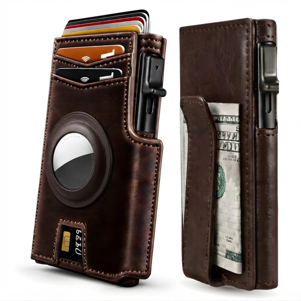 Mens Wallet with AirTag Holder, RFID Blocking, Pop-Up Aluminum Card Holder