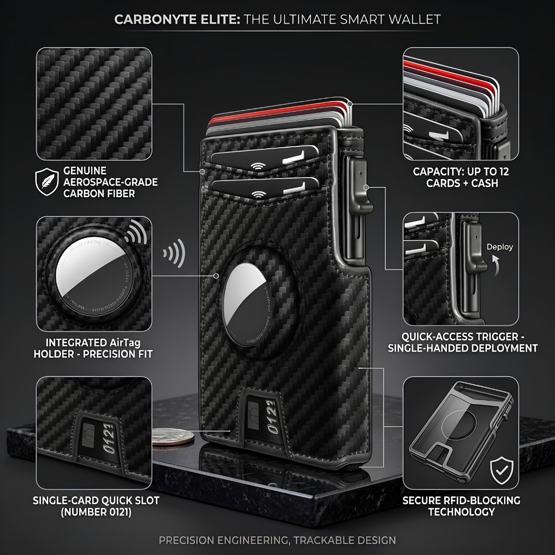 Mens Wallet with AirTag Holder, RFID Blocking, Pop-Up Aluminum Card Holder