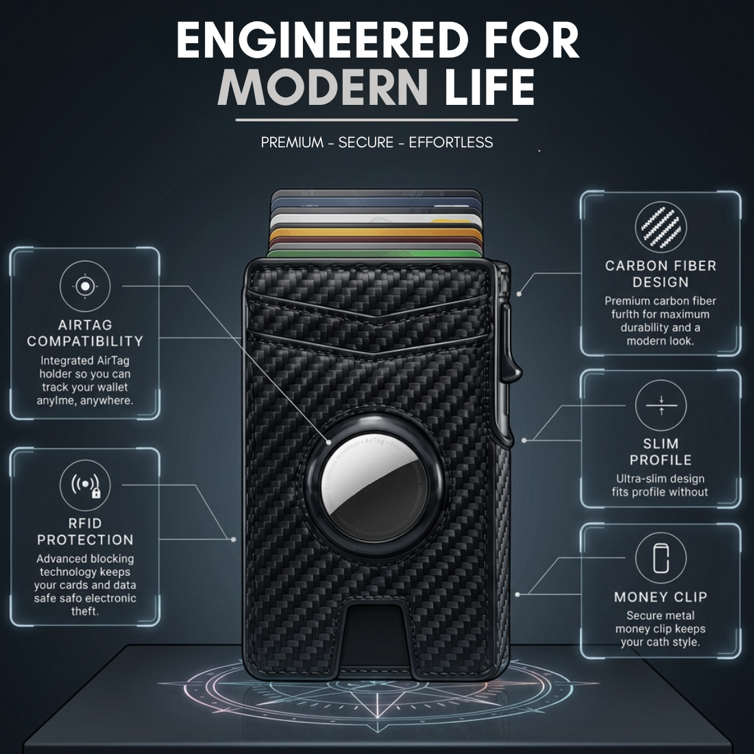 Mens Wallet with AirTag Holder, RFID Blocking, Pop-Up Aluminum Card Holder